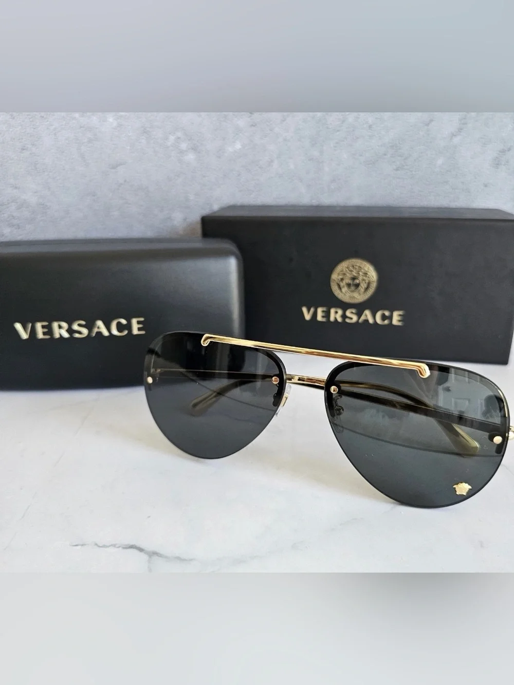 Versace Men’s Gold Frame with Black Lenses Aviator Sunglasses